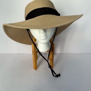 Solar Escape Wide Brim Straw Sun Hat with Black Band and Chin Cord